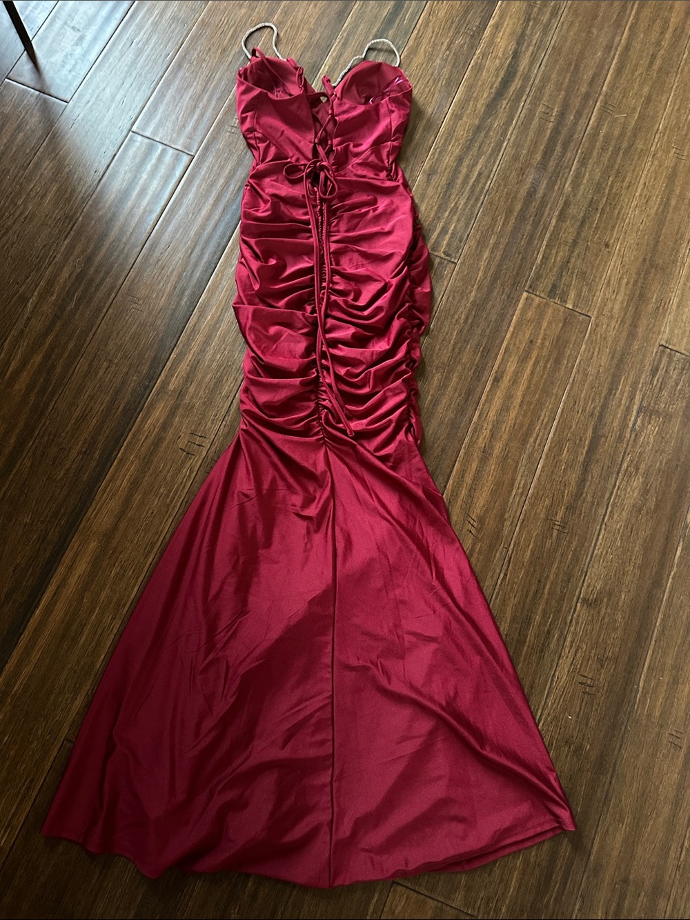 Crystal Doll Deep Red Ruched Satin Maxi Dress with Strappy Back